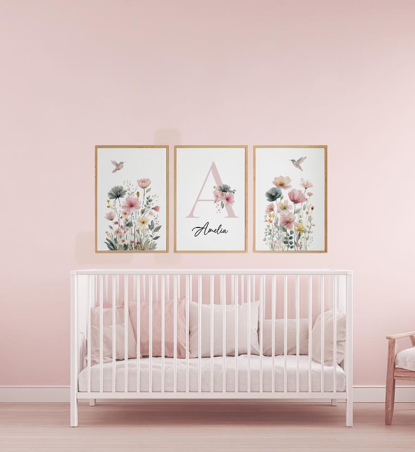 Personalized Hummingbird Nursery Print: Watercolor Floral Name Art