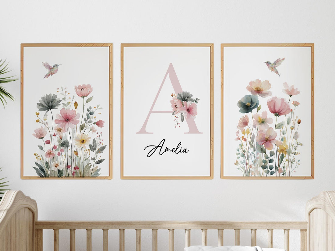 Personalized Hummingbird Nursery Print: Watercolor Floral Name Art