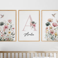 Personalized Hummingbird Nursery Print: Watercolor Floral Name Art