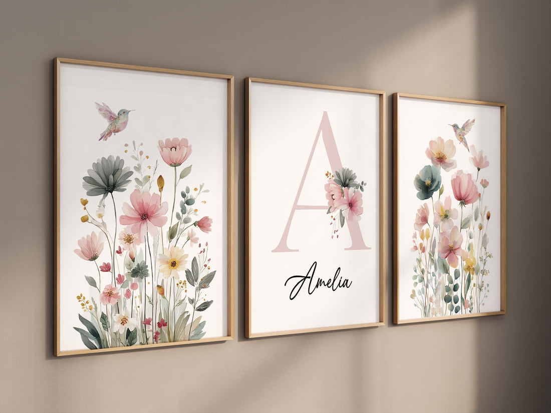 Personalized Hummingbird Nursery Print: Watercolor Floral Name Art