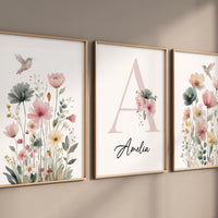 Personalized Hummingbird Nursery Print: Watercolor Floral Name Art