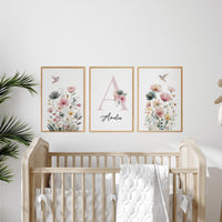 Personalized Hummingbird Nursery Print: Watercolor Floral Name Art