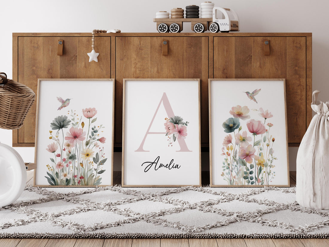 Personalized Hummingbird Nursery Print: Watercolor Floral Name Art