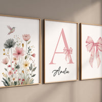 Personalized Girl Nursery Wall Art Set of 3, Floral Hummingbird Print
