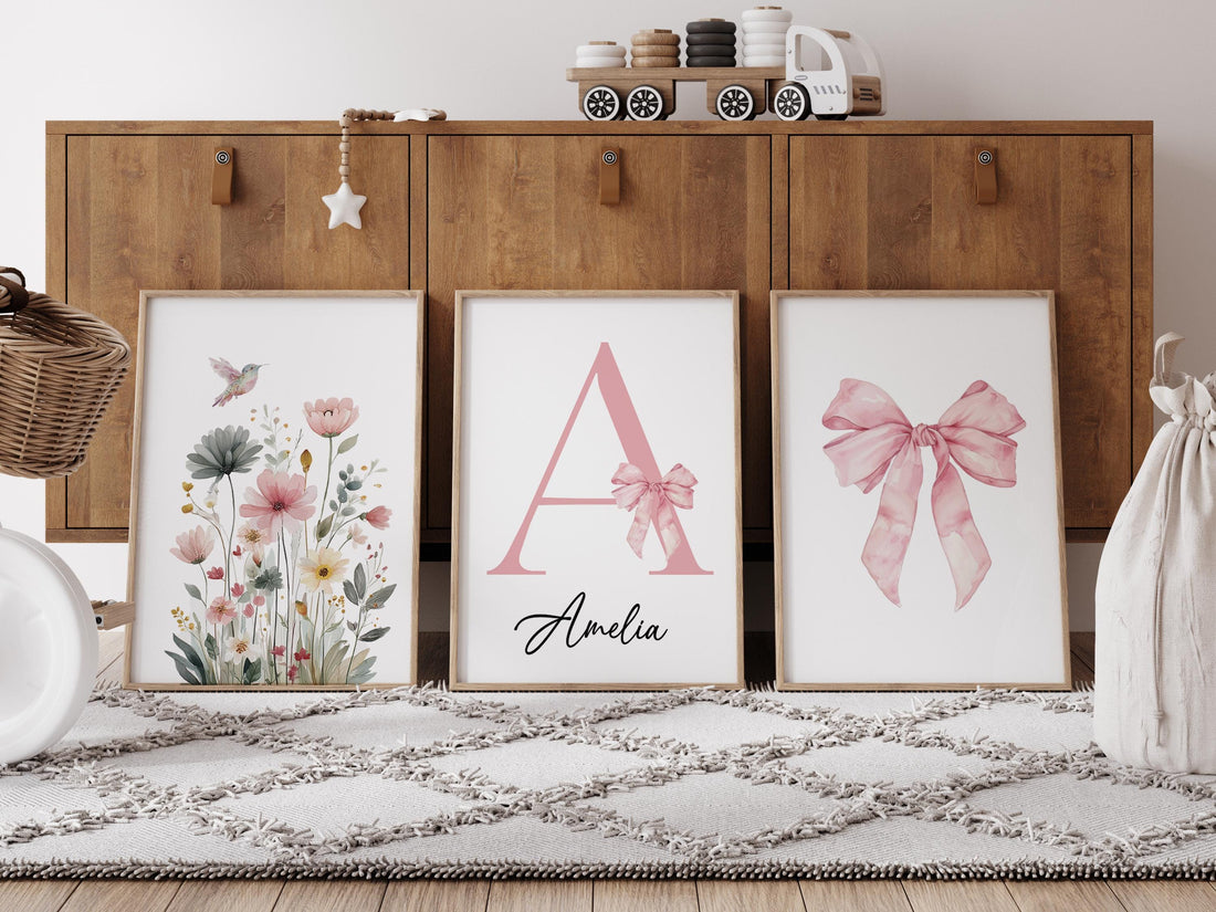 Personalized Girl Nursery Wall Art Set of 3, Floral Hummingbird Print