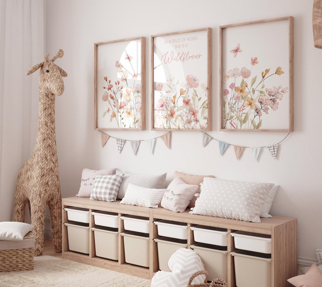 Wildflower Wall Art Set: Blush Floral Nursery Decor Prints