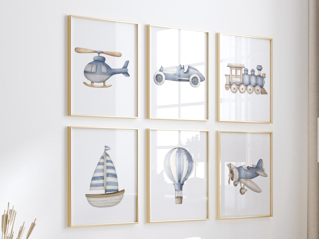 Vehicle Art Prints Set of 6, Transportation Nursery Wall Art