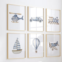 Vehicle Art Prints Set of 6, Transportation Nursery Wall Art