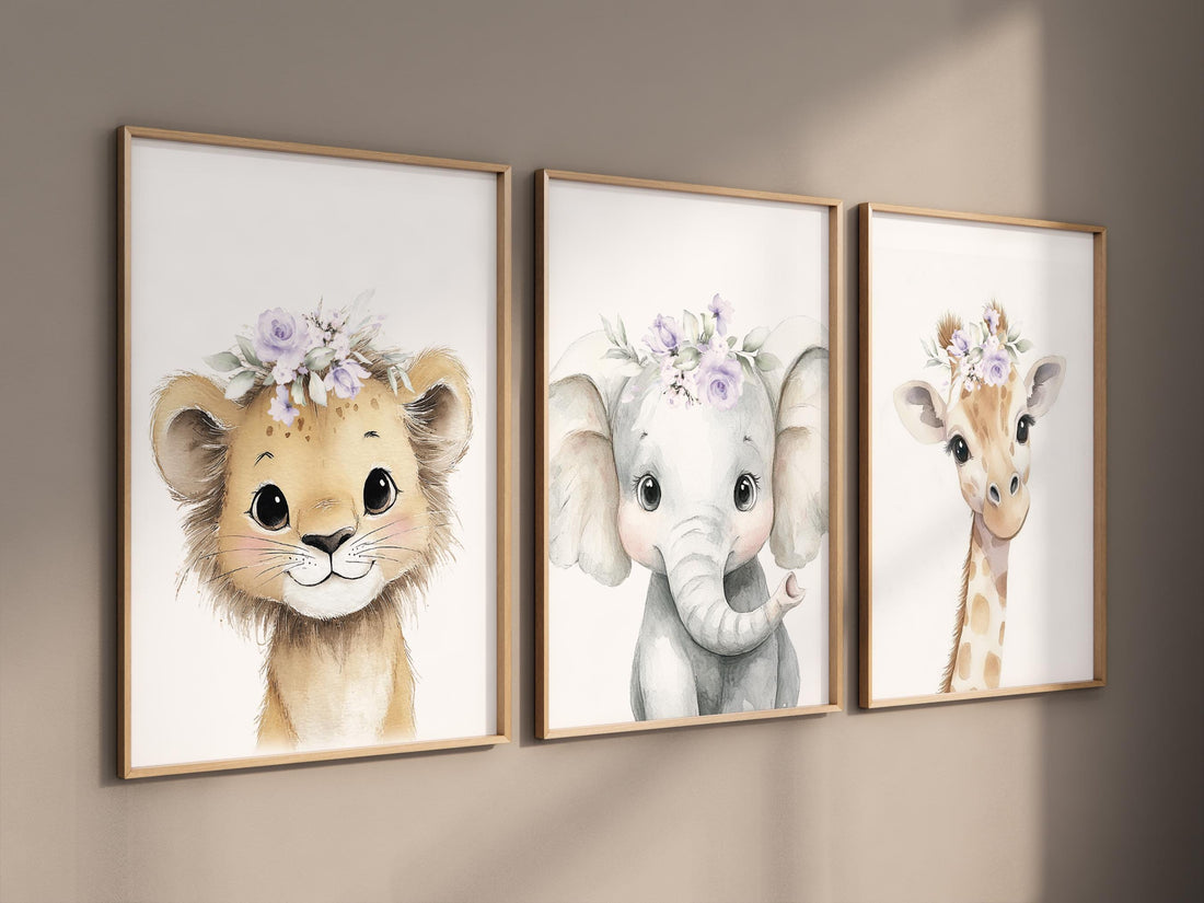 Floral Safari Animal Prints: Purple Nursery Wall Art