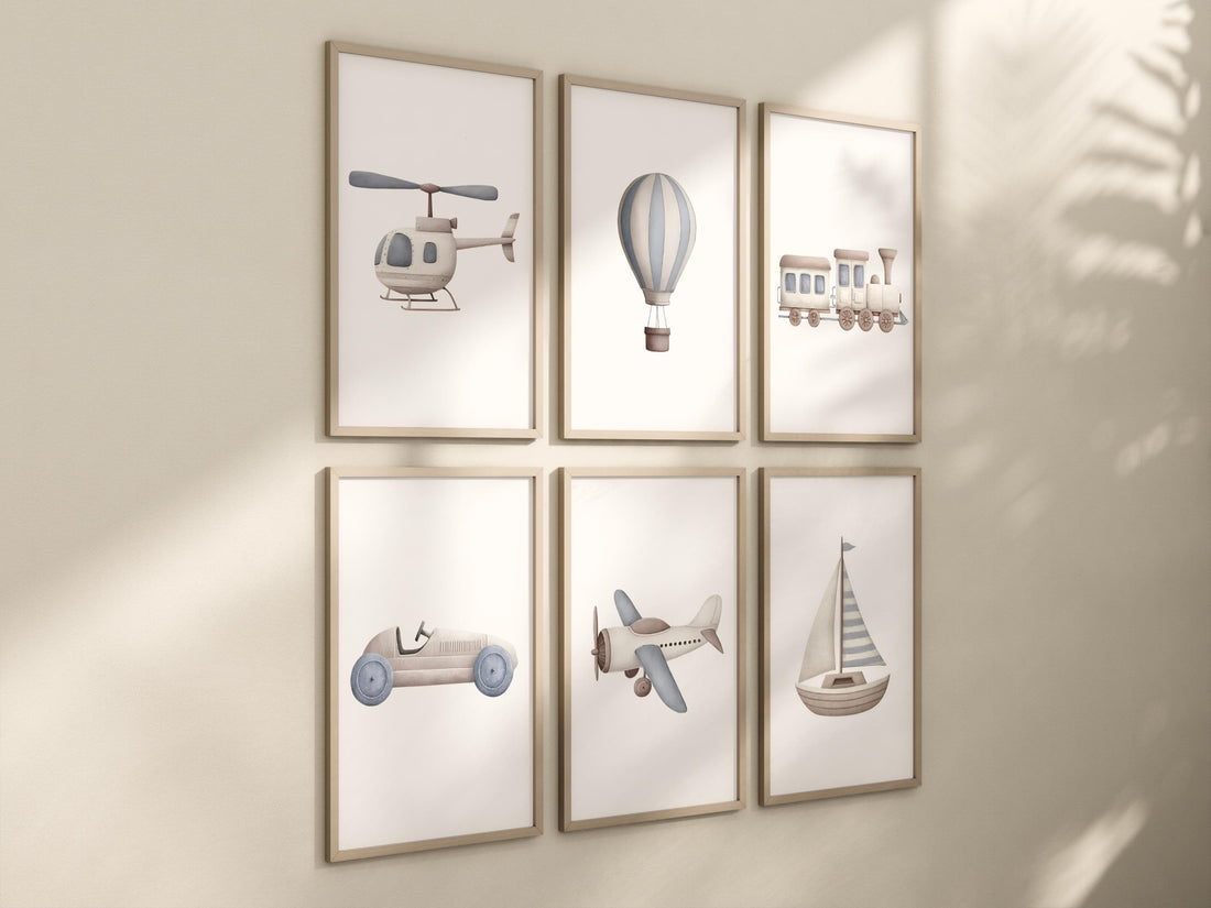 Vehicle Art Prints Set of 6, Transportation Nursery Wall Art