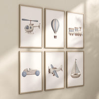 Vehicle Art Prints Set of 6, Transportation Nursery Wall Art