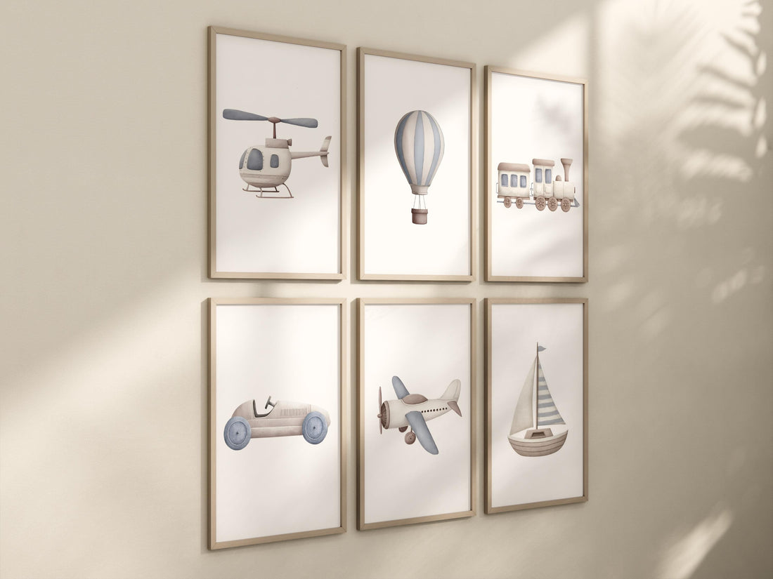 Vehicle Art Prints Set of 6, Transportation Nursery Wall Art