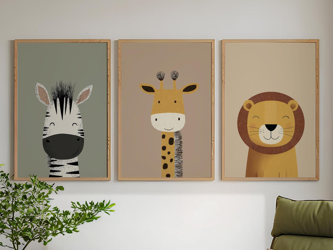 Safari Animal Nursery Prints, Boho Jungle Art, Set of 3