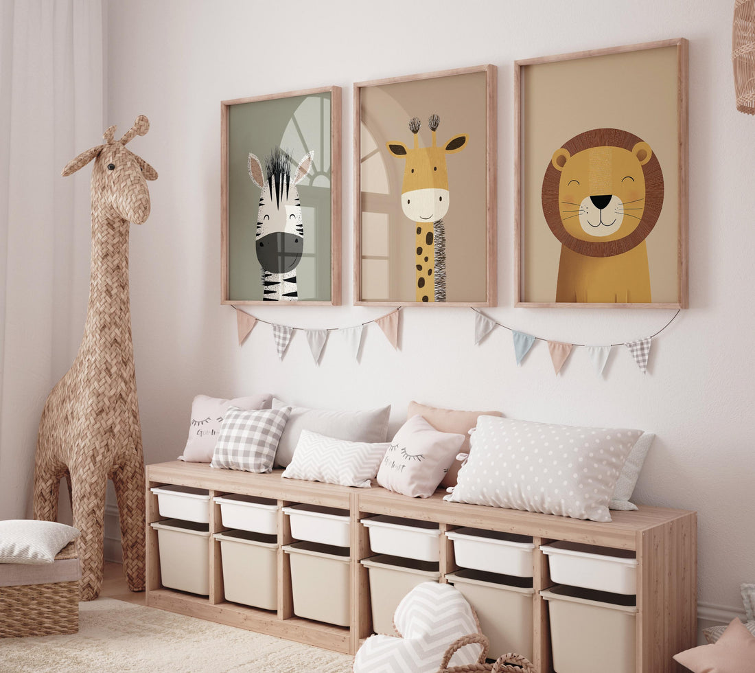 Safari Animal Nursery Prints, Boho Jungle Art, Set of 3