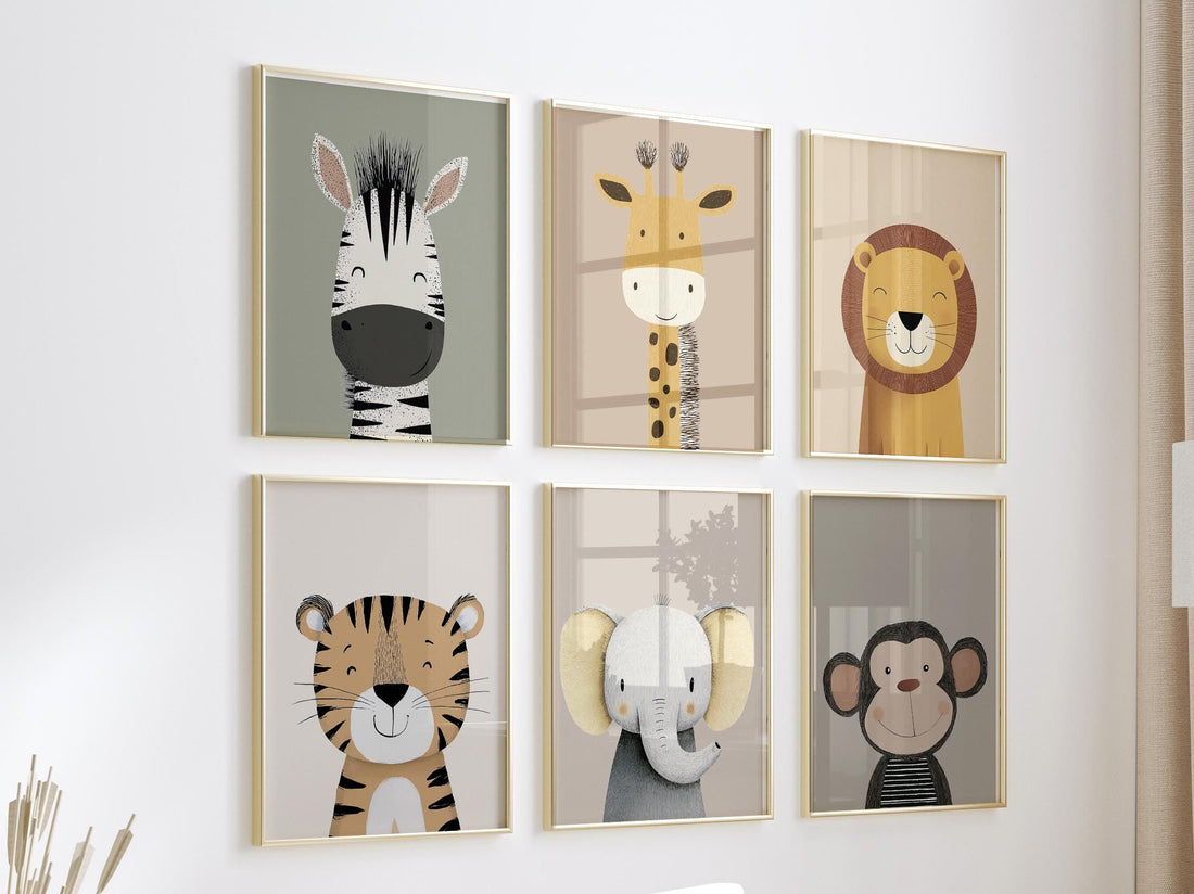 Animal Art Prints Set of 6, Neutral Nursery Wall Art