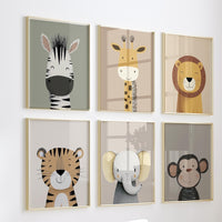 Animal Art Prints Set of 6, Neutral Nursery Wall Art