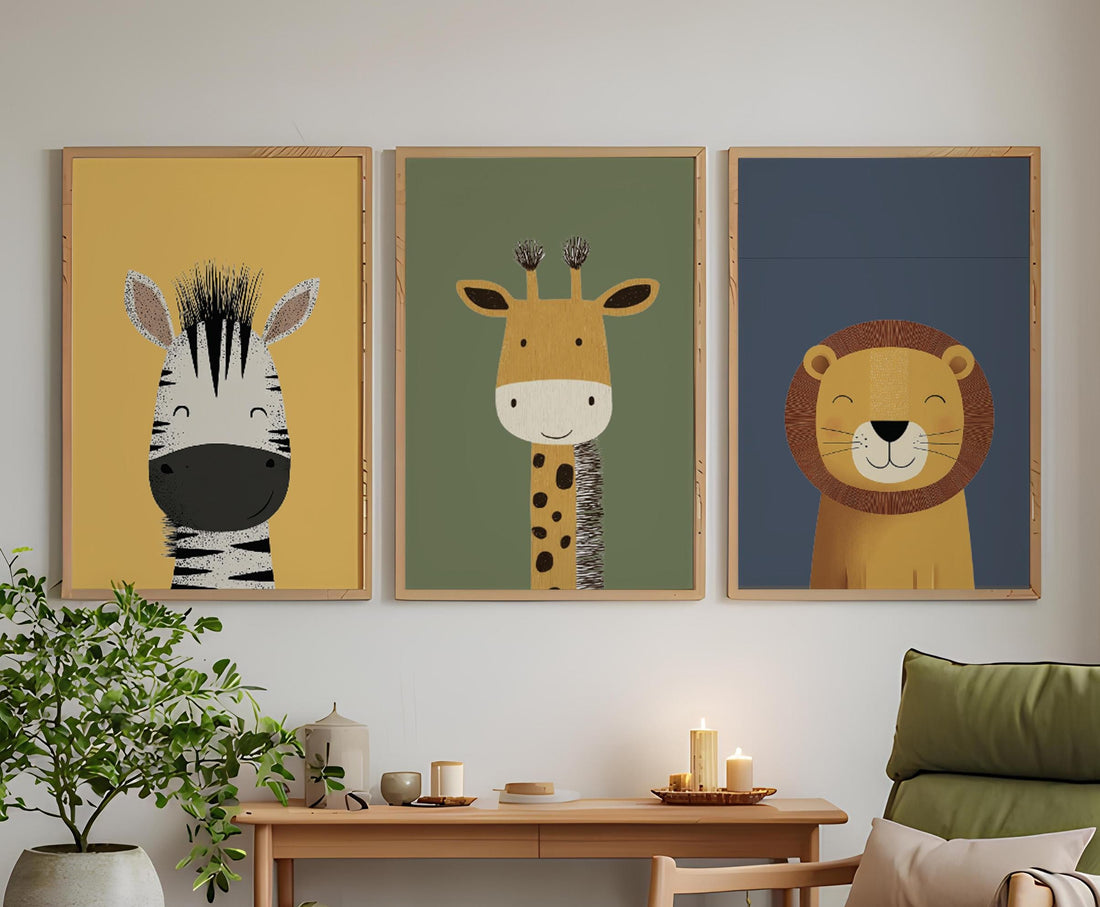 Safari Animal Nursery Prints: Boho Jungle Art, Set of 3