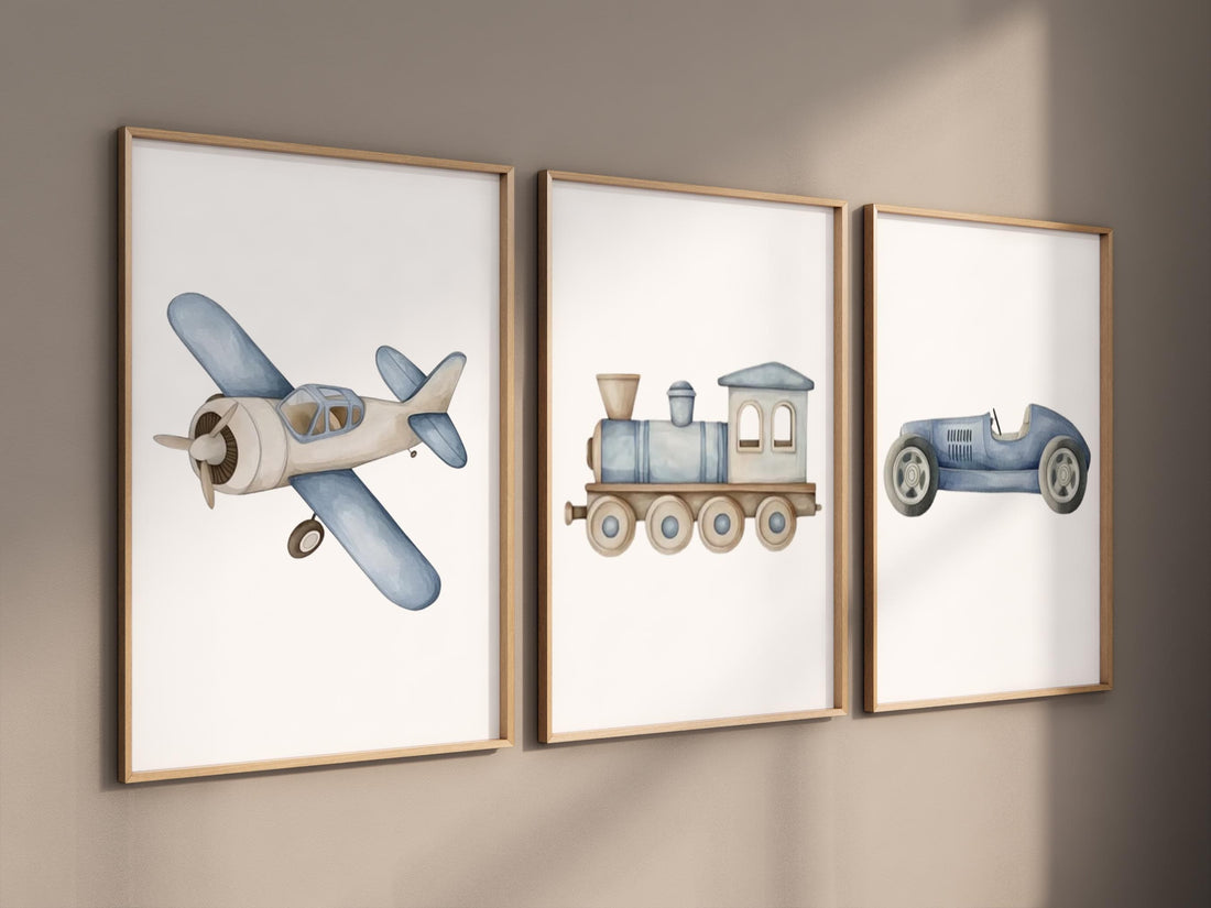 Transportation Nursery Wall Art Set, Plane Train Car Prints, Boy Nursery Decor