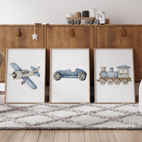 Transportation Nursery Wall Art Set, Plane Train Car Prints, Boy Nursery Decor