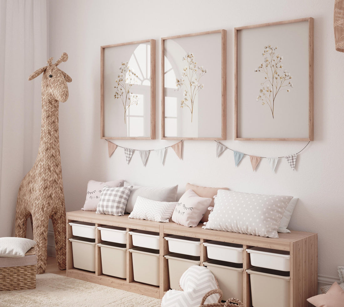 Beige Botanical Line Art Print Set: Minimalist Floral Wall Decor