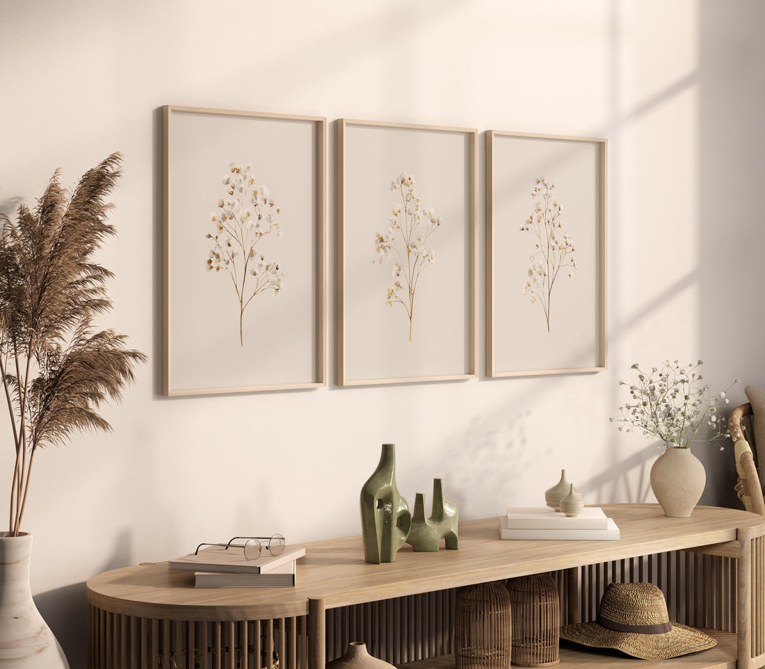 Beige Botanical Line Art Print Set: Minimalist Floral Wall Decor