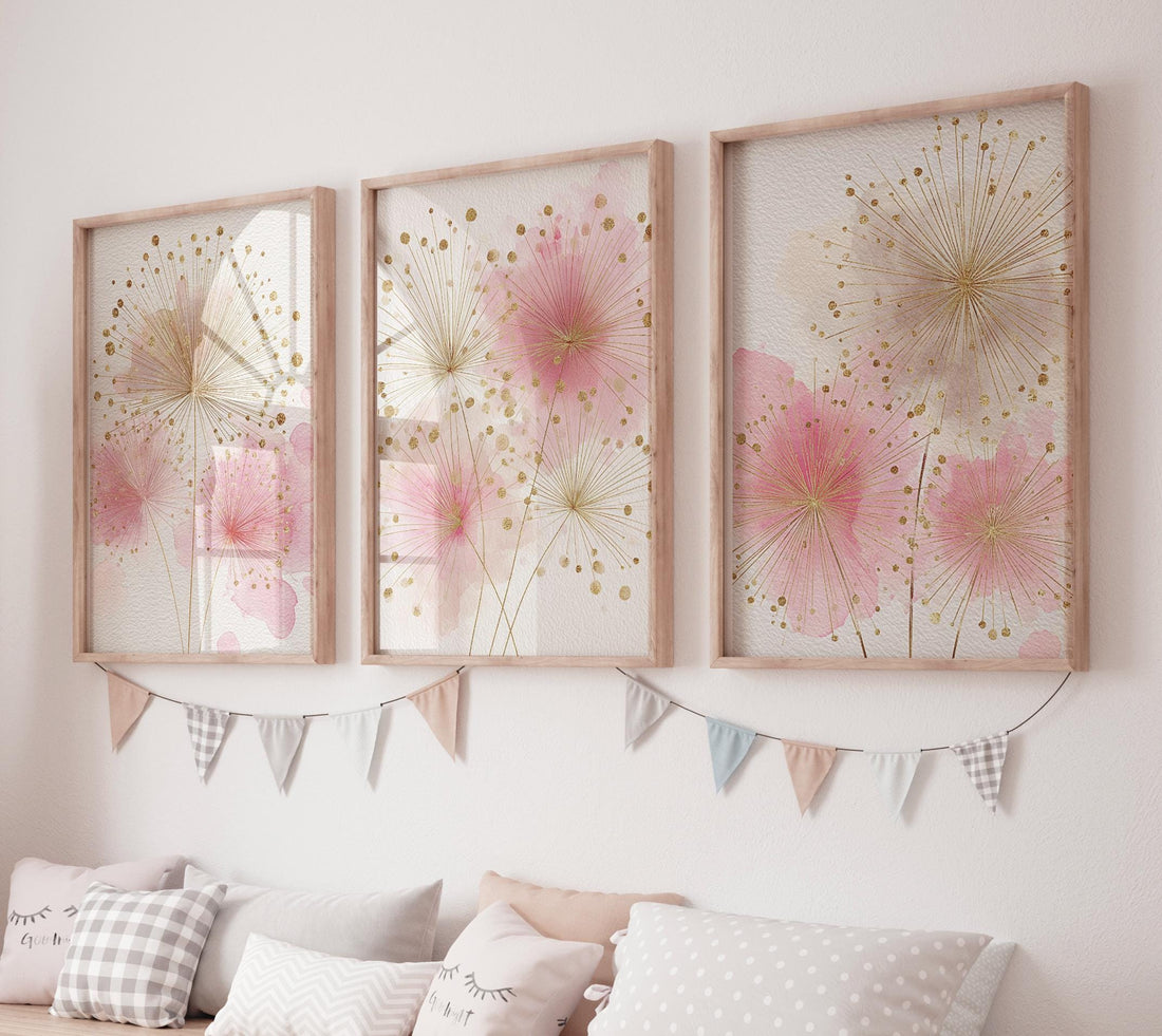 Pink Floral Nursery Wall Art Set, Blush Gold Flower Prints