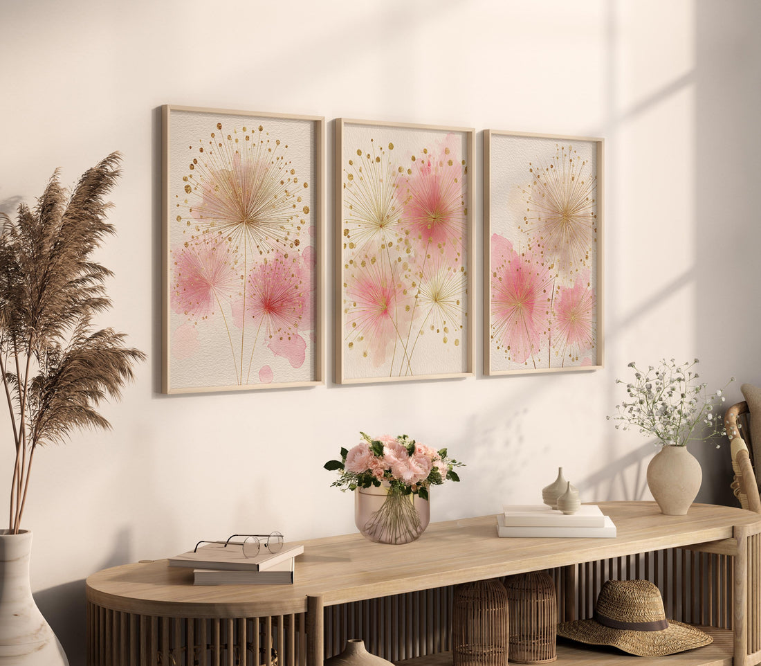 Pink Floral Nursery Wall Art Set, Blush Gold Flower Prints