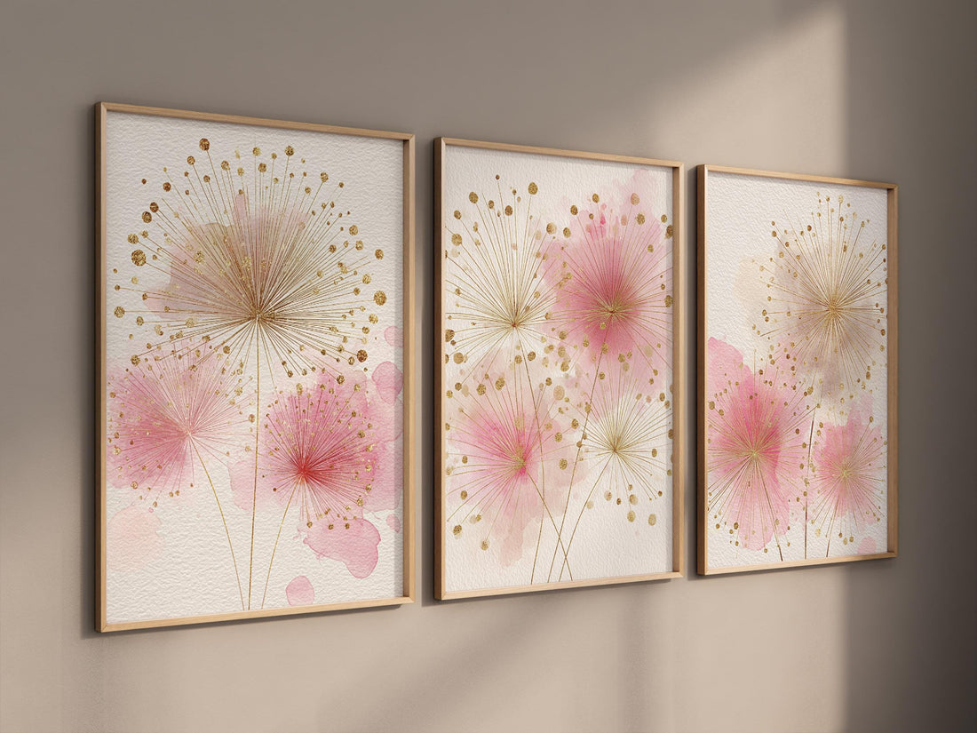 Pink Floral Nursery Wall Art Set, Blush Gold Flower Prints