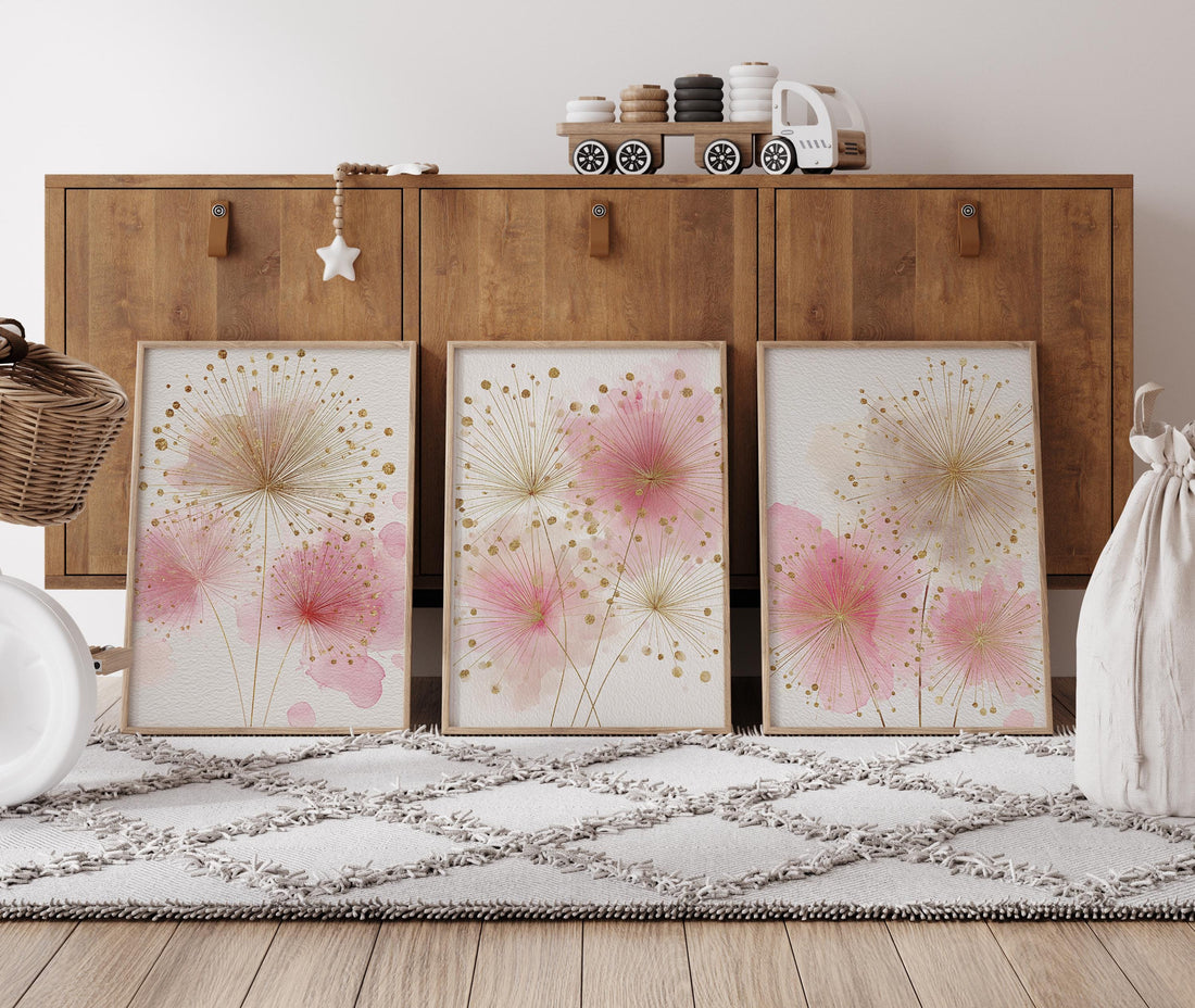 Pink Floral Nursery Wall Art Set, Blush Gold Flower Prints