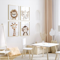 Safari Nursery Prints: Lion, Elephant, Giraffe, Monkey - Jungle Animal Art Set