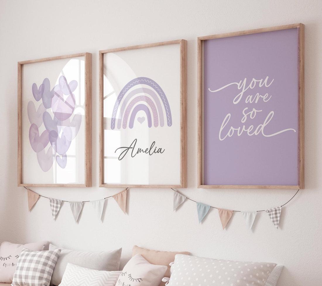 Purple Nursery Wall Art Set, Rainbow Name Print, You Are So Loved Poster
