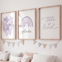 You Are So Loved Nursery Wall Art Set, Purple Rainbow Print