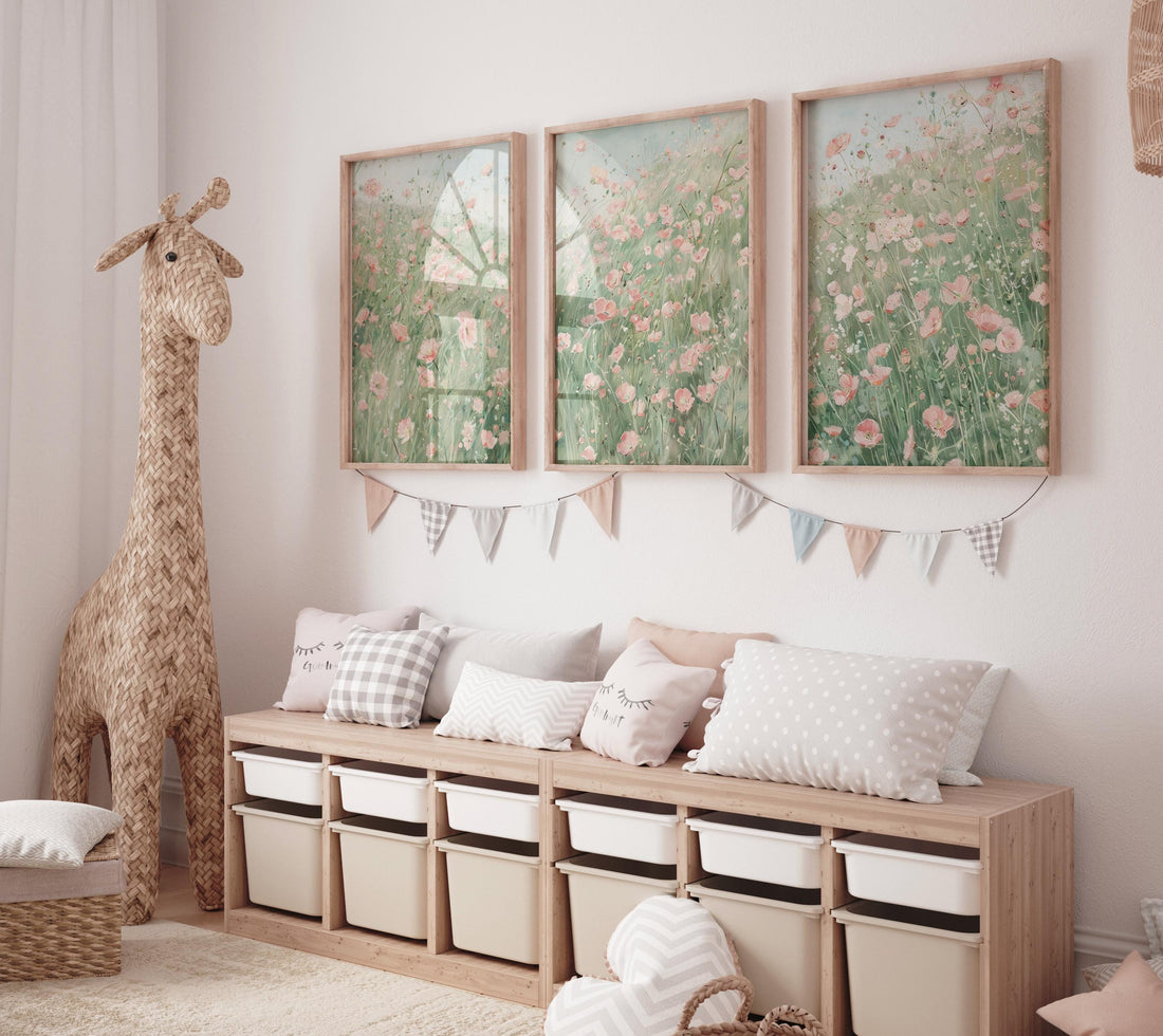 Pink Floral Wall Art Set of 3, Meadow Flower Prints