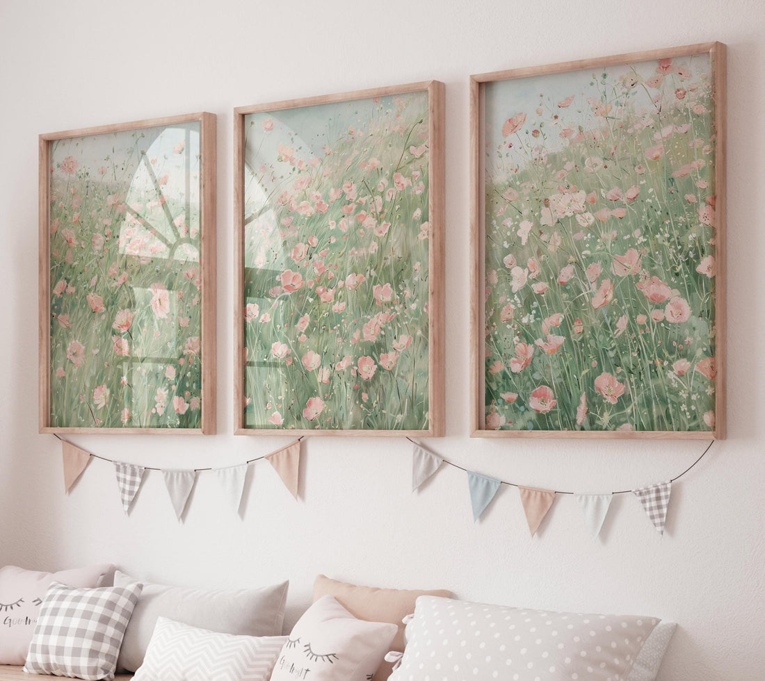 Pink Floral Wall Art Set of 3, Meadow Flower Prints