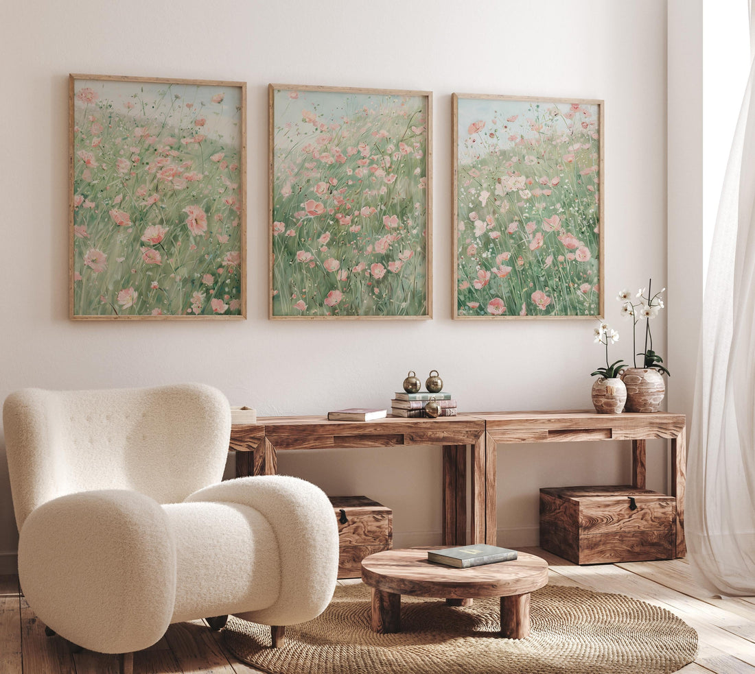 Pink Floral Wall Art Set of 3, Meadow Flower Prints