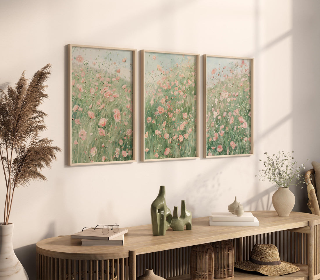 Pink Floral Wall Art Set of 3, Meadow Flower Prints