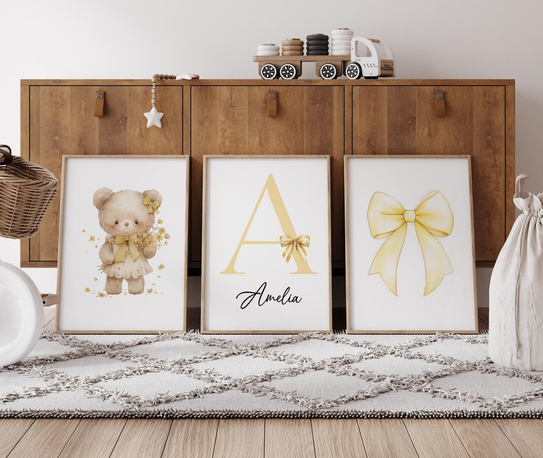 Yellow Bow Nursery Wall Art Set of 3, Teddy Bear Nursery Decor