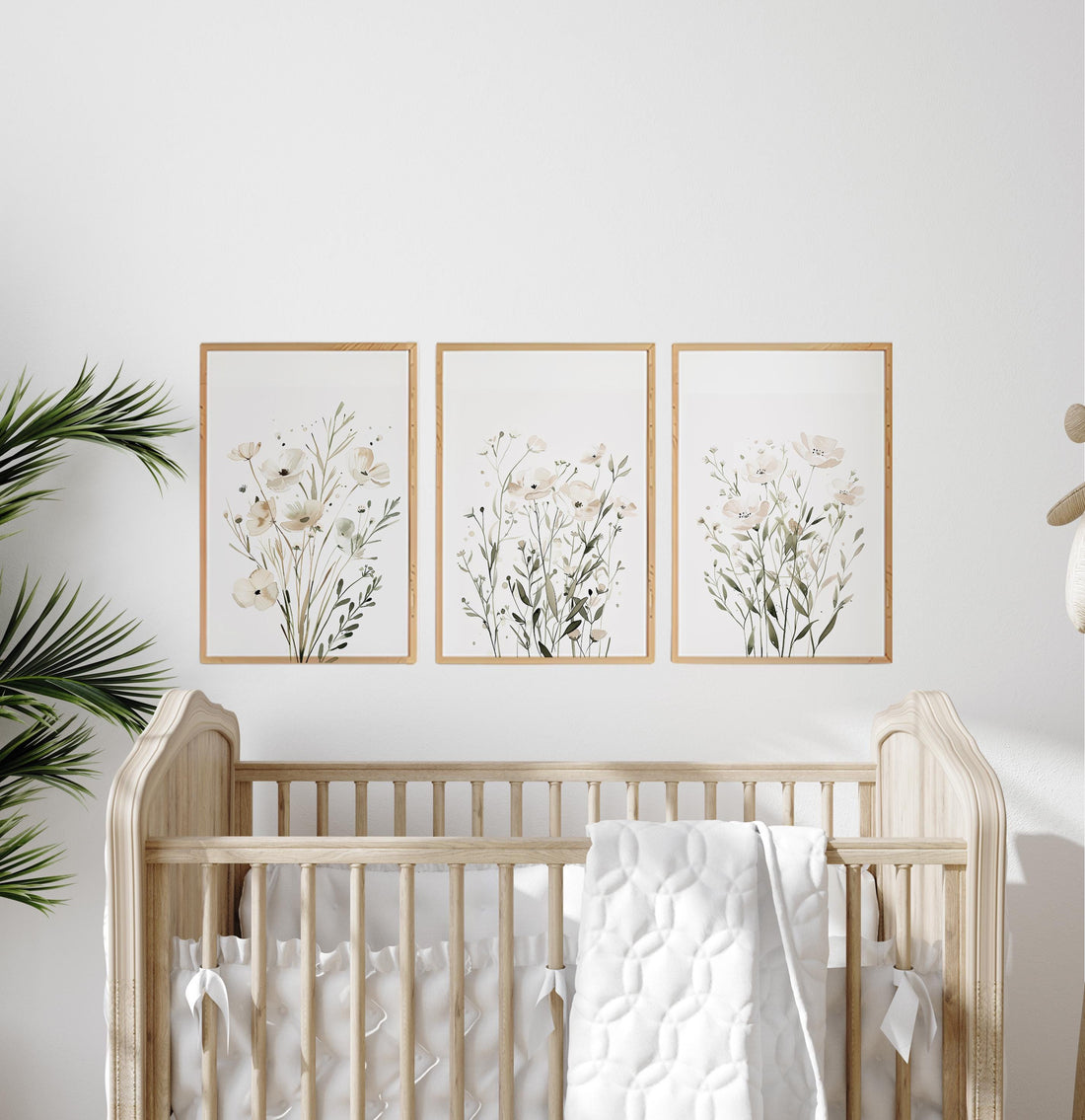 White Wildflower Wall Art Set of 3, Neutral Botanical Prints