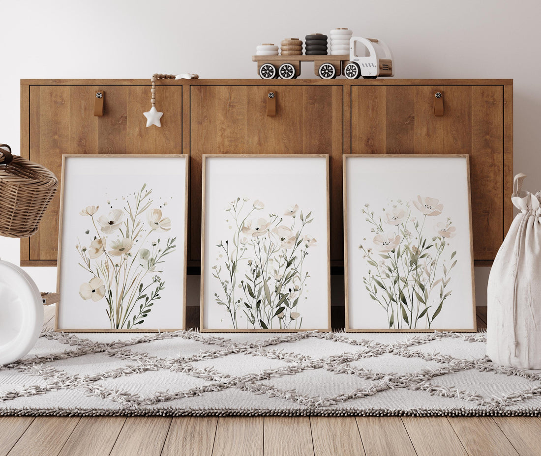 White Wildflower Wall Art Set of 3, Neutral Botanical Prints