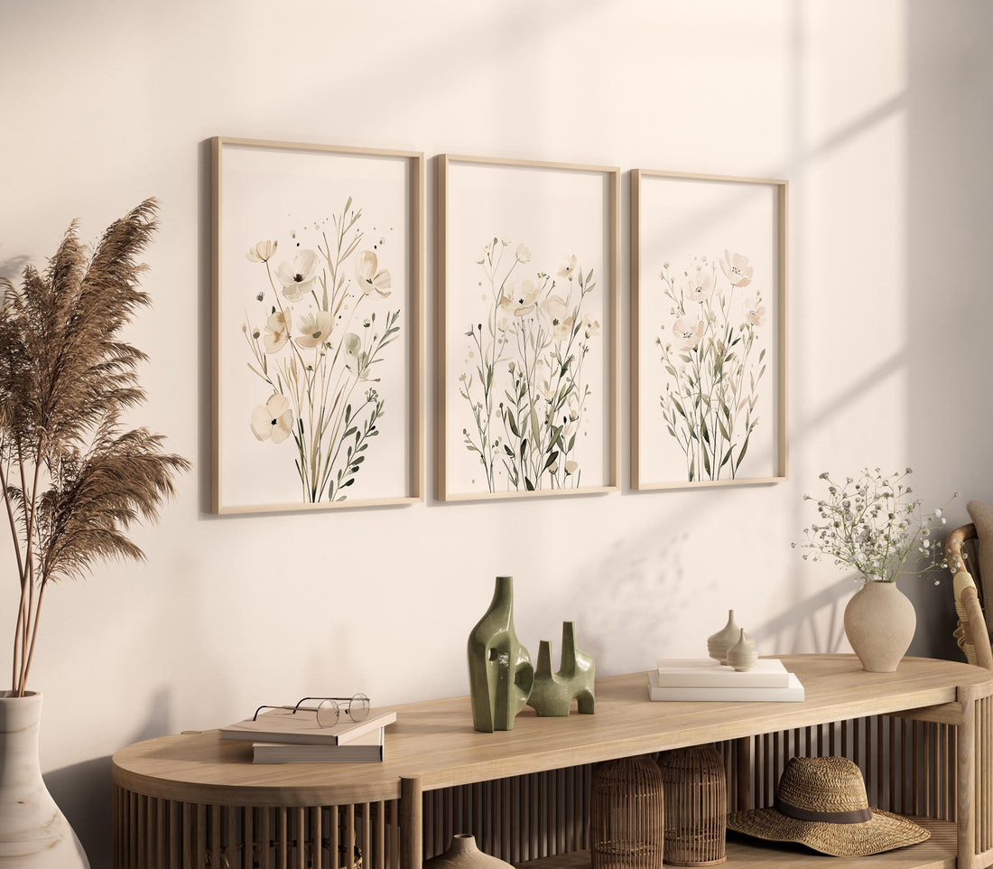 White Wildflower Wall Art Set of 3, Neutral Botanical Prints