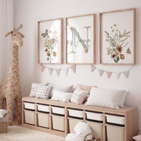 Sage Green Floral Nursery Wall Art Set of 3, Personalized Name Nursery Prints