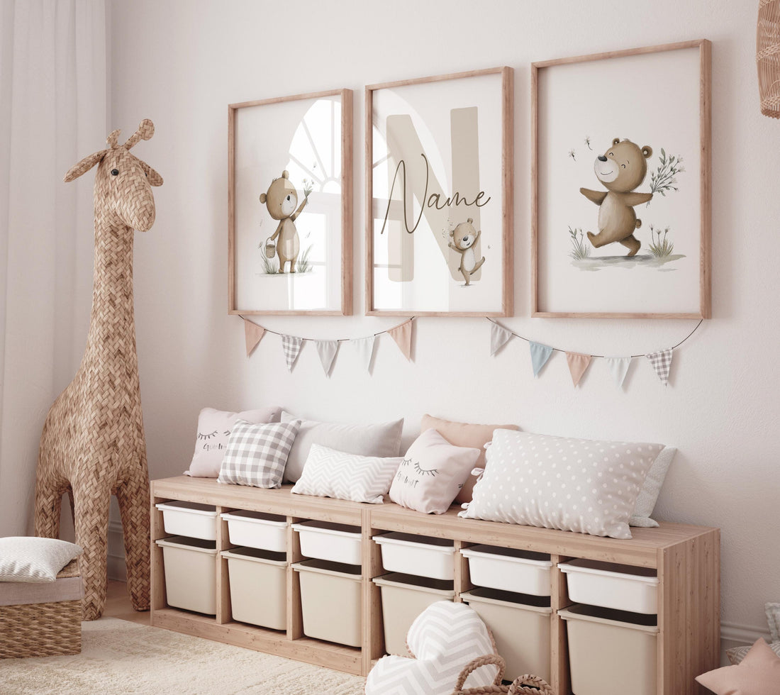 Personalized Bear Nursery Wall Art Set, Neutral Teddy Bear Name Prints