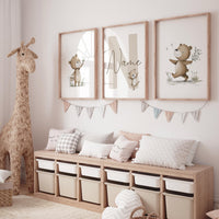 Personalized Bear Nursery Wall Art Set, Neutral Teddy Bear Name Prints