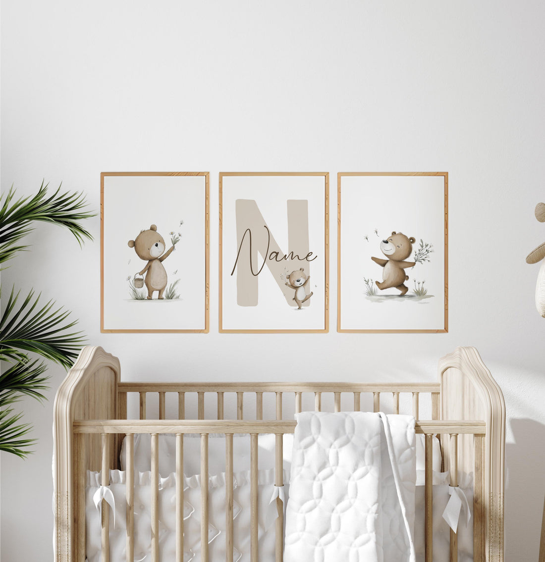 Personalized Bear Nursery Wall Art Set, Neutral Teddy Bear Name Prints