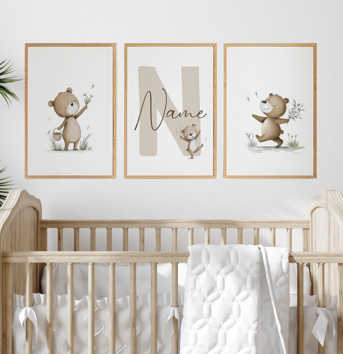 Personalized Bear Nursery Wall Art Set, Neutral Teddy Bear Name Prints