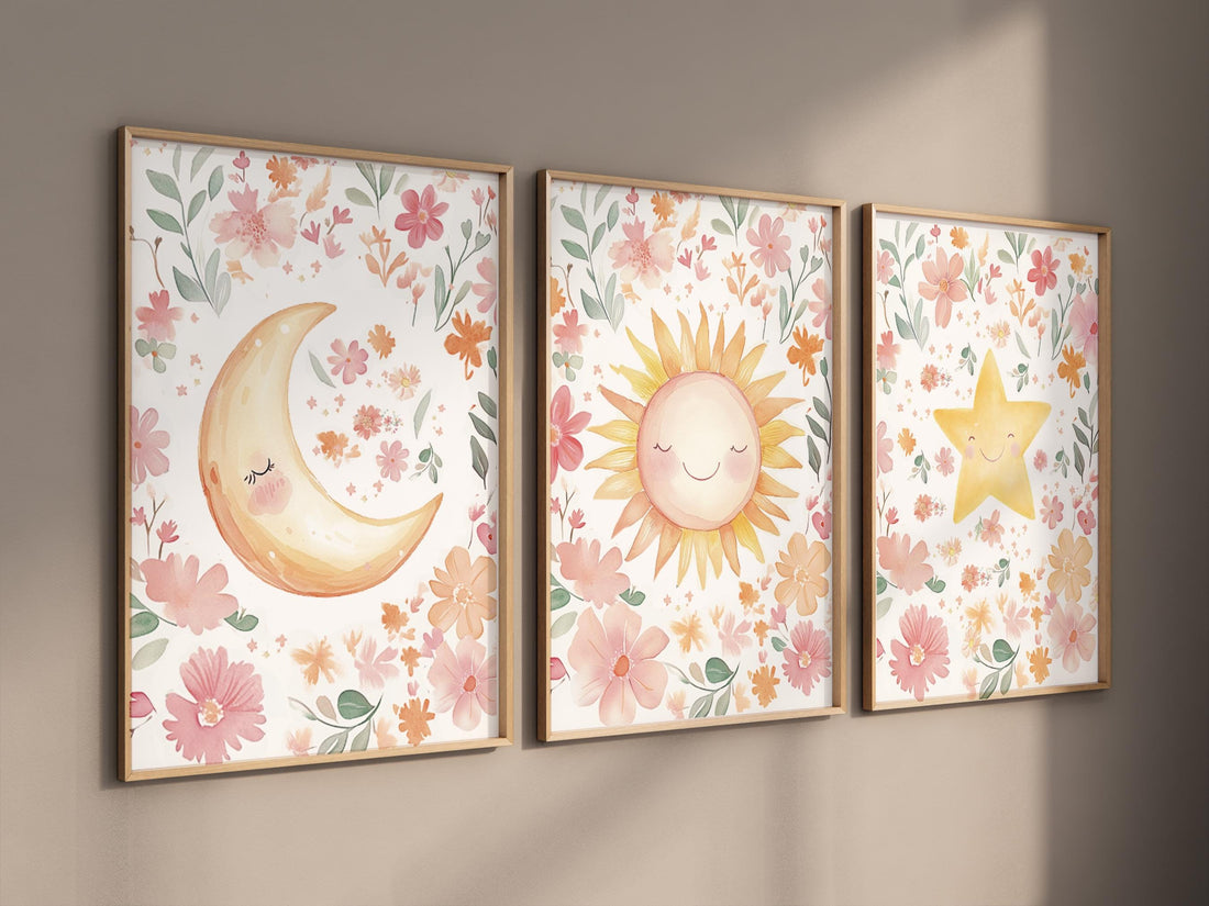 Floral Sun Moon Star Nursery Wall Art Set, Boho Baby Girl Room Decor