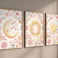 Floral Sun Moon Star Nursery Wall Art Set, Boho Baby Girl Room Decor