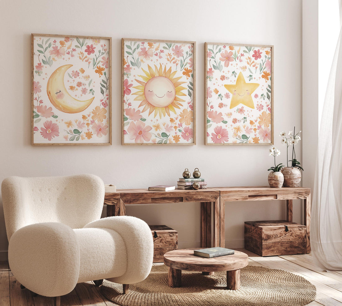 Floral Sun Moon Star Nursery Wall Art Set, Boho Baby Girl Room Decor