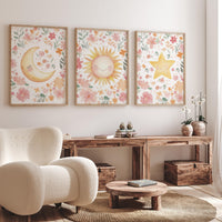 Floral Sun Moon Star Nursery Wall Art Set, Boho Baby Girl Room Decor
