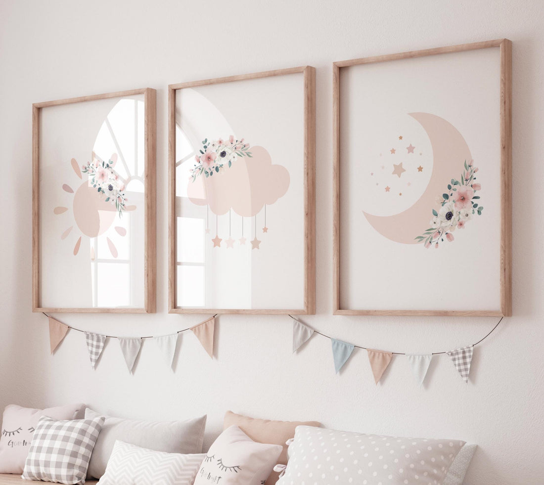 Blush Pink Nursery Prints: Moon, Star, Cloud Decor